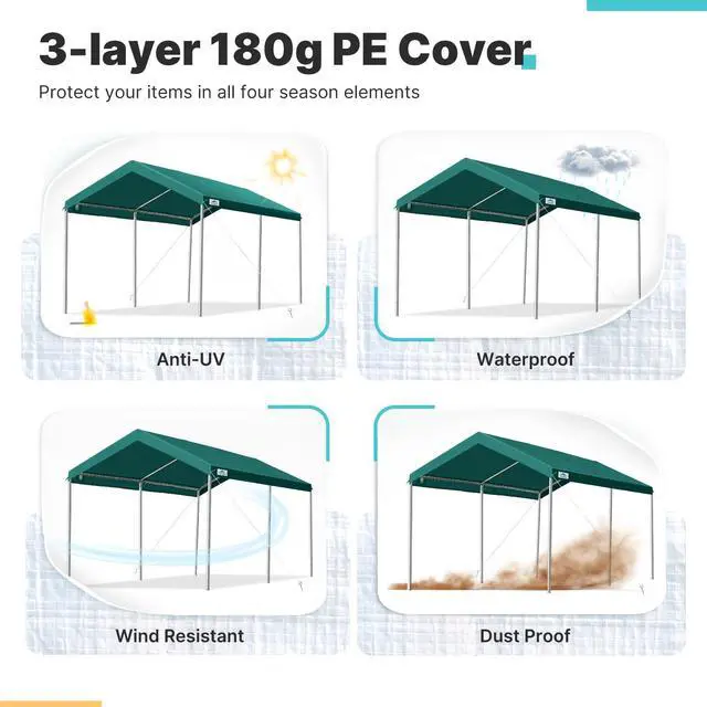 Alt view image 4 of 6 - Adjustable 10x15 ft Heavy Duty Carport Car Canopy Garage Boat Shelter Party Tent, Adjustable Height from 9.5 ft to 11 ft, Green
