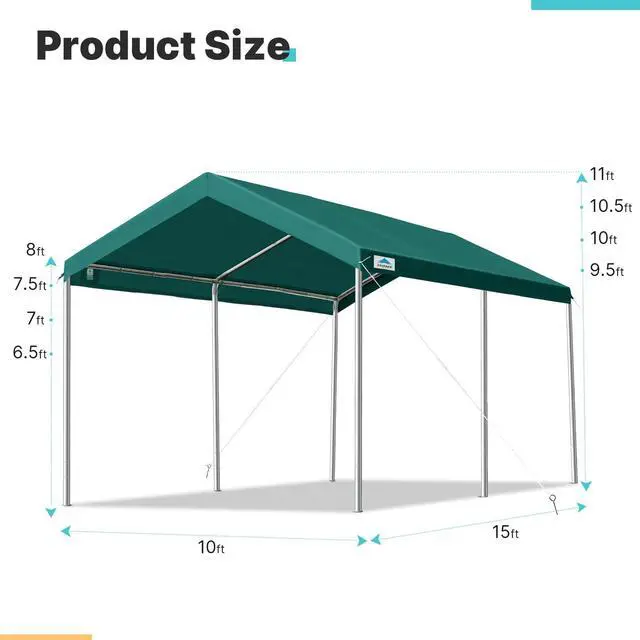 Alt view image 5 of 6 - Adjustable 10x15 ft Heavy Duty Carport Car Canopy Garage Boat Shelter Party Tent, Adjustable Height from 9.5 ft to 11 ft, Green