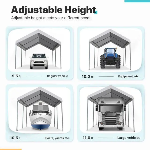 Alt view image 2 of 6 - Adjustable 10x15 ft Heavy Duty Carport Car Canopy Garage Boat Shelter Party Tent, Adjustable Height from 9.5 ft to 11 ft, Gray