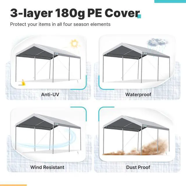 Alt view image 4 of 6 - Adjustable 10x15 ft Heavy Duty Carport Car Canopy Garage Boat Shelter Party Tent, Adjustable Height from 9.5 ft to 11 ft, Gray
