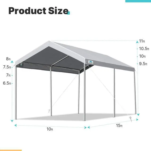 Alt view image 5 of 6 - Adjustable 10x15 ft Heavy Duty Carport Car Canopy Garage Boat Shelter Party Tent, Adjustable Height from 9.5 ft to 11 ft, Gray