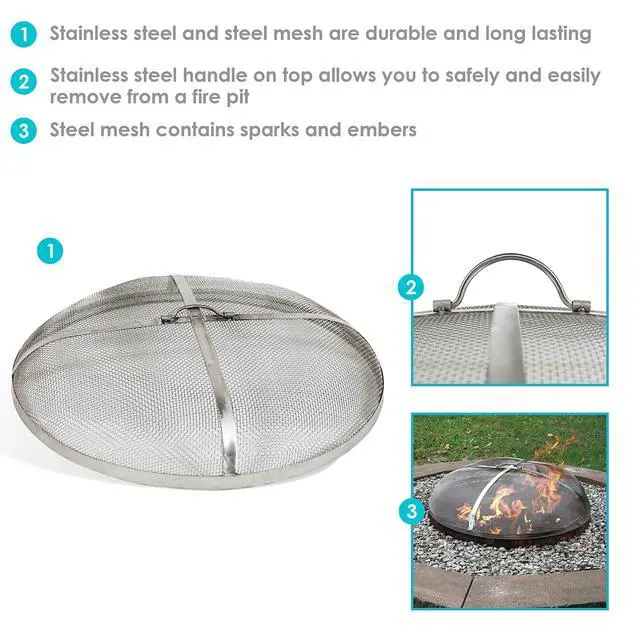 Alt view image 2 of 6 - Sunnydaze Round Fire Pit Screen Cover - 30-Inch Stainless Steel Mesh Fire Pit Spark Screen - Spark Lid Top Cover with Handle