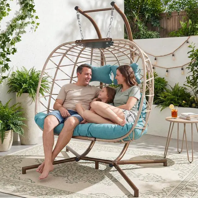 Main image of Double Egg Chair Outdoor Indoor, Oversized 2 Person Swing with Stand, All-Weather Wicker Large Hanging Loveseat, Heavy Duty Patio Swinging Seat with Cushion for Balcony, Beige & Teal