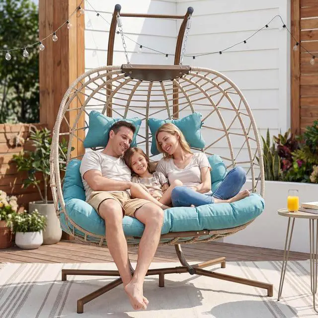 Alt view image 2 of 6 - Double Egg Chair Outdoor Indoor, Oversized 2 Person Swing with Stand, All-Weather Wicker Large Hanging Loveseat, Heavy Duty Patio Swinging Seat with Cushion for Balcony, Beige & Teal
