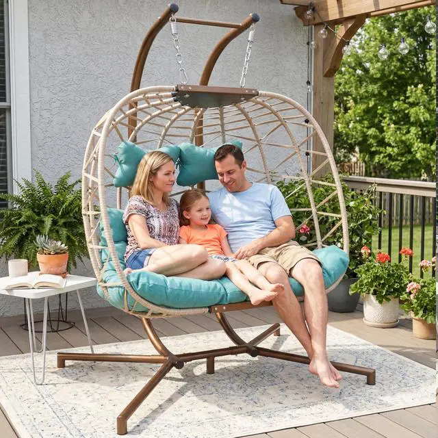 Alt view image 3 of 6 - Double Egg Chair Outdoor Indoor, Oversized 2 Person Swing with Stand, All-Weather Wicker Large Hanging Loveseat, Heavy Duty Patio Swinging Seat with Cushion for Balcony, Beige & Teal