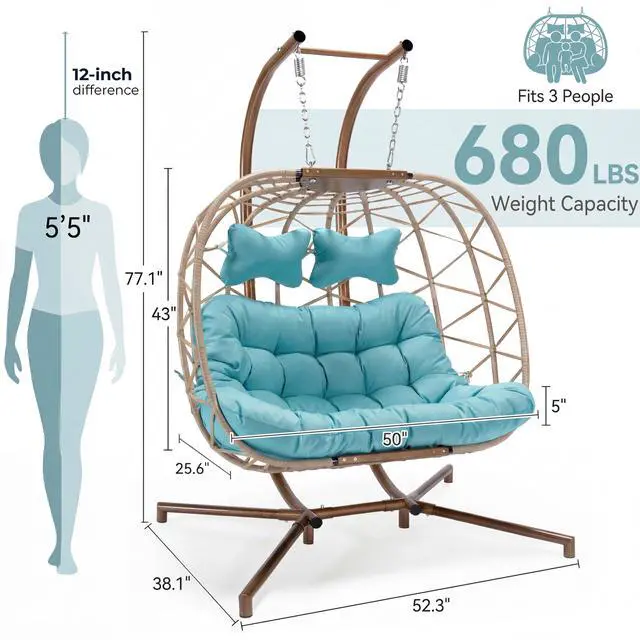 Alt view image 4 of 6 - Double Egg Chair Outdoor Indoor, Oversized 2 Person Swing with Stand, All-Weather Wicker Large Hanging Loveseat, Heavy Duty Patio Swinging Seat with Cushion for Balcony, Beige & Teal