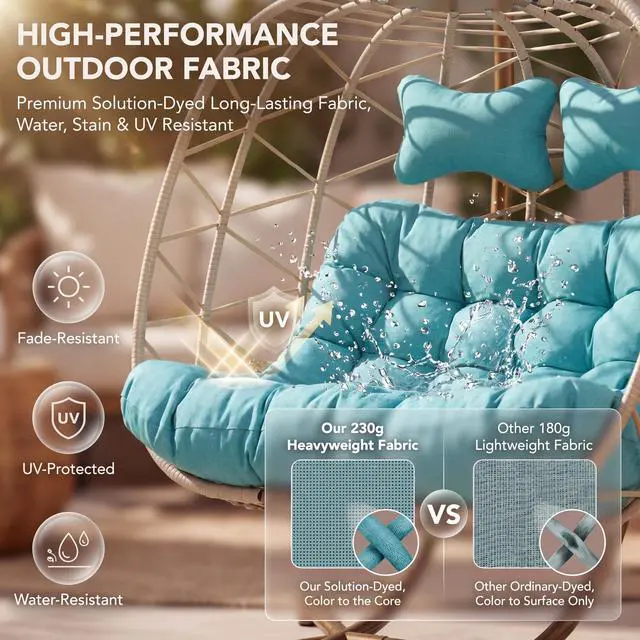Alt view image 5 of 6 - Double Egg Chair Outdoor Indoor, Oversized 2 Person Swing with Stand, All-Weather Wicker Large Hanging Loveseat, Heavy Duty Patio Swinging Seat with Cushion for Balcony, Beige & Teal