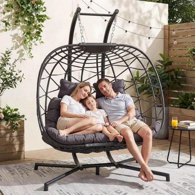 Alt view image 3 of 6 - Double Egg Chair Outdoor Indoor, Oversized 2 Person Swing with Stand, All-Weather Wicker Large Hanging Loveseat, Heavy Duty Patio Swinging Seat with Cushion for Balcony, Dark Grey