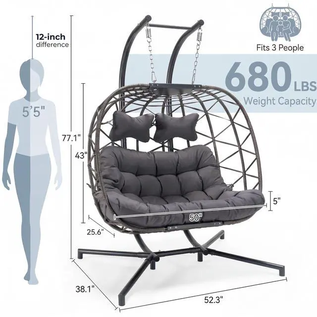 Alt view image 4 of 6 - Double Egg Chair Outdoor Indoor, Oversized 2 Person Swing with Stand, All-Weather Wicker Large Hanging Loveseat, Heavy Duty Patio Swinging Seat with Cushion for Balcony, Dark Grey