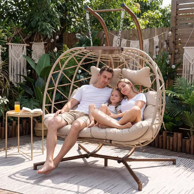 Alt view image 2 of 6 - Double Egg Chair Outdoor Indoor, Oversized 2 Person Swing with Stand, All-Weather Large Wicker Hanging Loveseat, Heavy Duty Patio Swinging Seat w/Cushion for Balcony, Beige