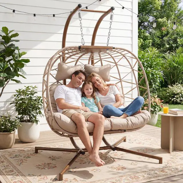Alt view image 3 of 6 - Double Egg Chair Outdoor Indoor, Oversized 2 Person Swing with Stand, All-Weather Large Wicker Hanging Loveseat, Heavy Duty Patio Swinging Seat w/Cushion for Balcony, Beige