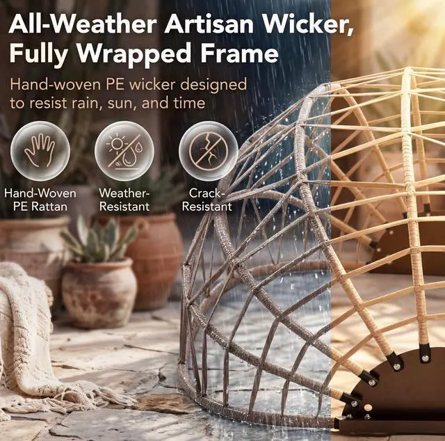Alt view image 6 of 6 - Double Egg Chair Outdoor Indoor, Oversized 2 Person Swing with Stand, All-Weather Large Wicker Hanging Loveseat, Heavy Duty Patio Swinging Seat w/Cushion for Balcony, Beige