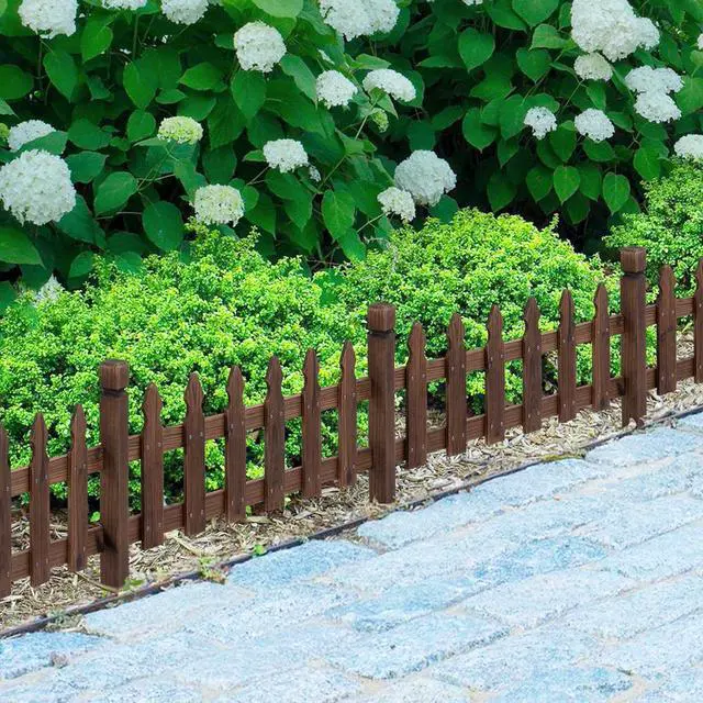 Alt view image 2 of 6 - Decorative Garden Fence Edging Landscape Wood Picket Fencing Ornamental Panel Border Edging Patio Flower Garden Bed Pool Fences Outdoor Dark Brown- 532.5in