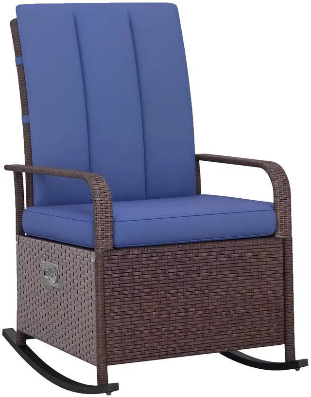 Main image of Wicker Outdoor Rocking Chair, Patio Recliner with Adjustment Backrest, PE Rattan Lounge Chair with Adjustable Footrest and Cushions for Garden, Backyard, Porch, Blue