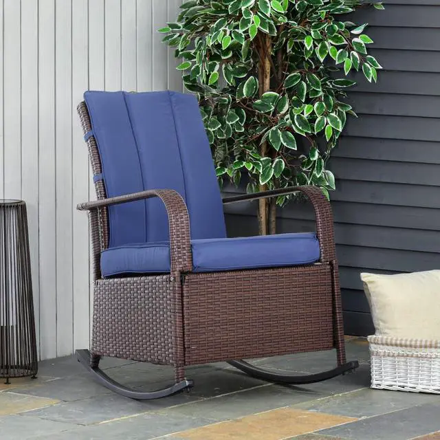 Alt view image 2 of 6 - Wicker Outdoor Rocking Chair, Patio Recliner with Adjustment Backrest, PE Rattan Lounge Chair with Adjustable Footrest and Cushions for Garden, Backyard, Porch, Blue
