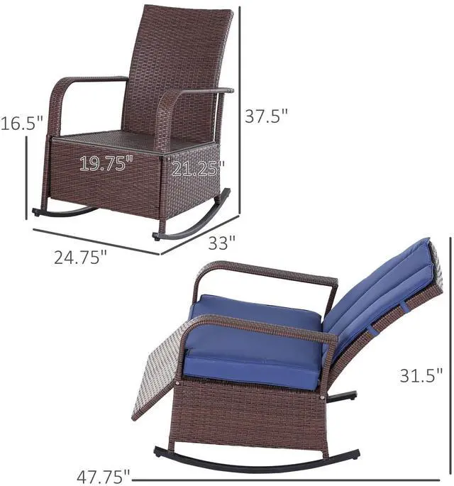 Alt view image 3 of 6 - Wicker Outdoor Rocking Chair, Patio Recliner with Adjustment Backrest, PE Rattan Lounge Chair with Adjustable Footrest and Cushions for Garden, Backyard, Porch, Blue