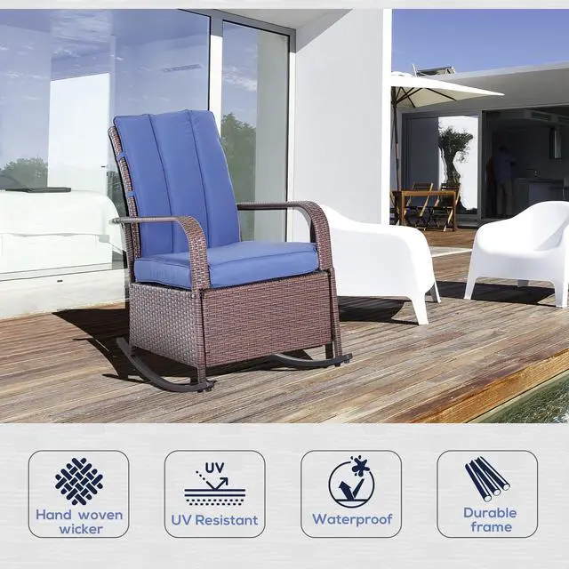 Alt view image 4 of 6 - Wicker Outdoor Rocking Chair, Patio Recliner with Adjustment Backrest, PE Rattan Lounge Chair with Adjustable Footrest and Cushions for Garden, Backyard, Porch, Blue