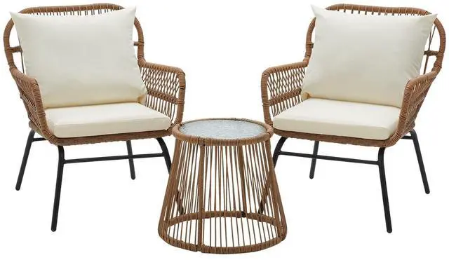 Main image of 3-Piece Patio Conversation Bistro Set, Outdoor All-Weather Wicker Balcony Furniture with Tempered Glass Top Table & 2 Wide Ergonomic Armchairs, Seat Cushions for Porch, Backyard, White
