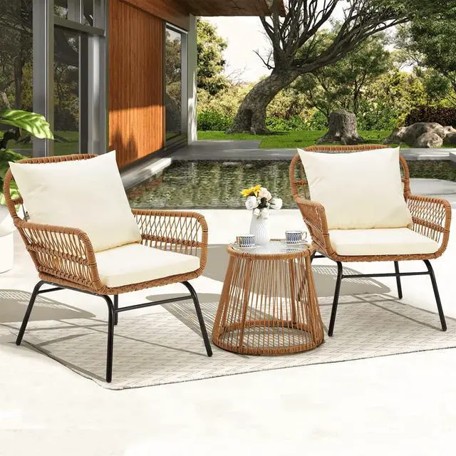 Alt view image 2 of 6 - 3-Piece Patio Conversation Bistro Set, Outdoor All-Weather Wicker Balcony Furniture with Tempered Glass Top Table & 2 Wide Ergonomic Armchairs, Seat Cushions for Porch, Backyard, White