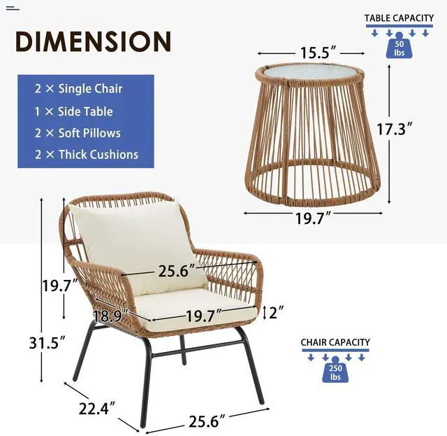 Alt view image 3 of 6 - 3-Piece Patio Conversation Bistro Set, Outdoor All-Weather Wicker Balcony Furniture with Tempered Glass Top Table & 2 Wide Ergonomic Armchairs, Seat Cushions for Porch, Backyard, White