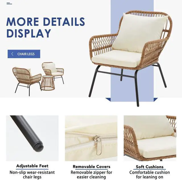 Alt view image 4 of 6 - 3-Piece Patio Conversation Bistro Set, Outdoor All-Weather Wicker Balcony Furniture with Tempered Glass Top Table & 2 Wide Ergonomic Armchairs, Seat Cushions for Porch, Backyard, White