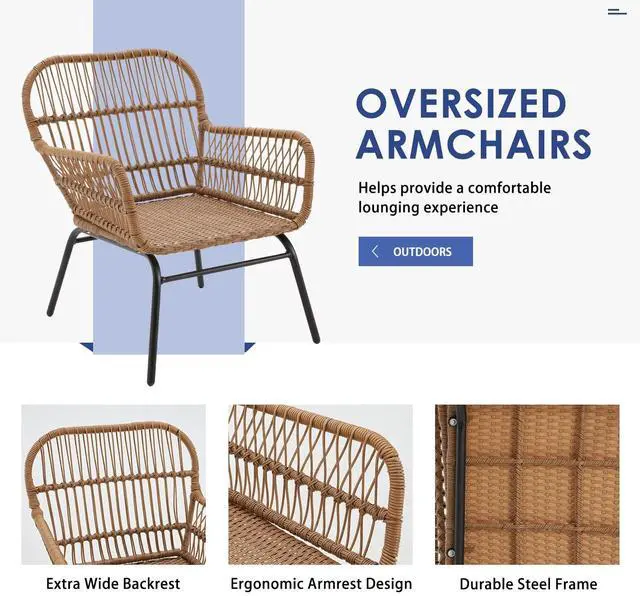 Alt view image 5 of 6 - 3-Piece Patio Conversation Bistro Set, Outdoor All-Weather Wicker Balcony Furniture with Tempered Glass Top Table & 2 Wide Ergonomic Armchairs, Seat Cushions for Porch, Backyard, White