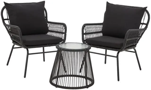 Main image of 3-Piece Patio Conversation Bistro Set, Outdoor All-Weather Wicker Balcony Furniture with Tempered Glass Top Table & 2 Wide Ergonomic Armchairs, Seat Cushions for Porch Backyard, Black