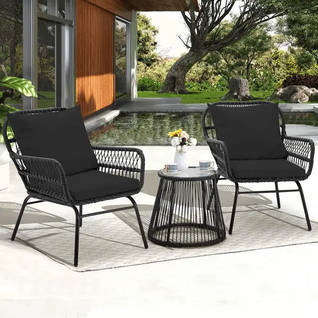 Alt view image 2 of 6 - 3-Piece Patio Conversation Bistro Set, Outdoor All-Weather Wicker Balcony Furniture with Tempered Glass Top Table & 2 Wide Ergonomic Armchairs, Seat Cushions for Porch Backyard, Black