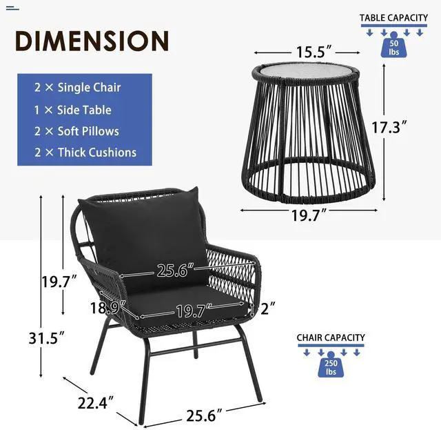 Alt view image 3 of 6 - 3-Piece Patio Conversation Bistro Set, Outdoor All-Weather Wicker Balcony Furniture with Tempered Glass Top Table & 2 Wide Ergonomic Armchairs, Seat Cushions for Porch Backyard, Black