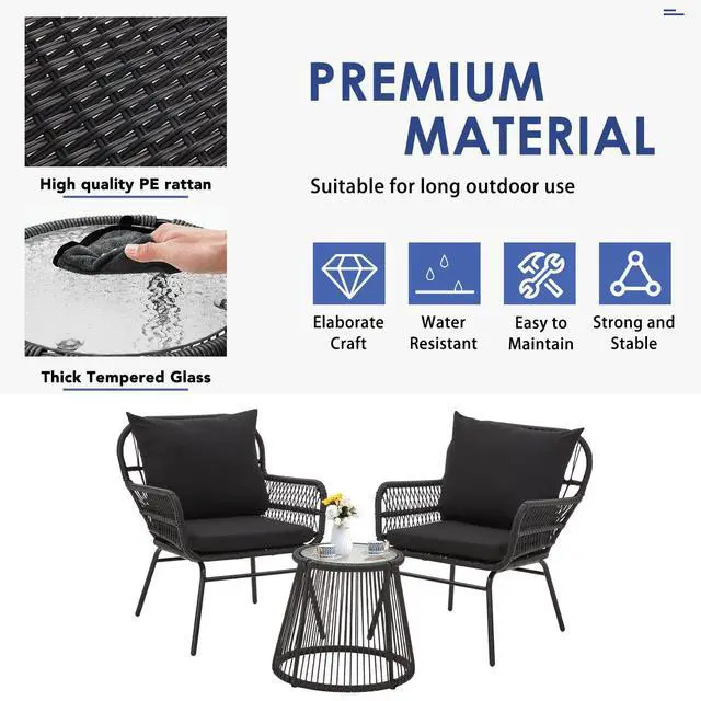 Alt view image 4 of 6 - 3-Piece Patio Conversation Bistro Set, Outdoor All-Weather Wicker Balcony Furniture with Tempered Glass Top Table & 2 Wide Ergonomic Armchairs, Seat Cushions for Porch Backyard, Black