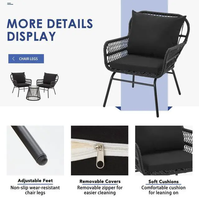 Alt view image 5 of 6 - 3-Piece Patio Conversation Bistro Set, Outdoor All-Weather Wicker Balcony Furniture with Tempered Glass Top Table & 2 Wide Ergonomic Armchairs, Seat Cushions for Porch Backyard, Black