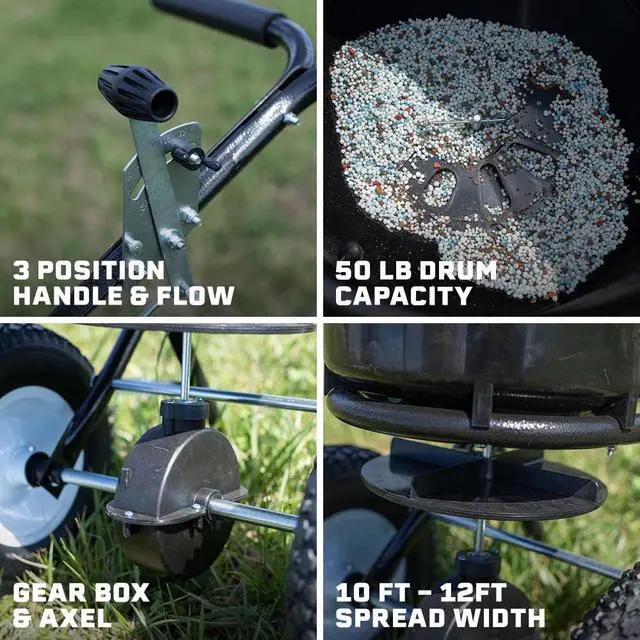 Alt view image 3 of 6 - 50 lb Professional Fertilizer Push Broadcast Spreader, Spreads 10 to 12 FT, Lawn Care and Ice Melter, Yard Tool