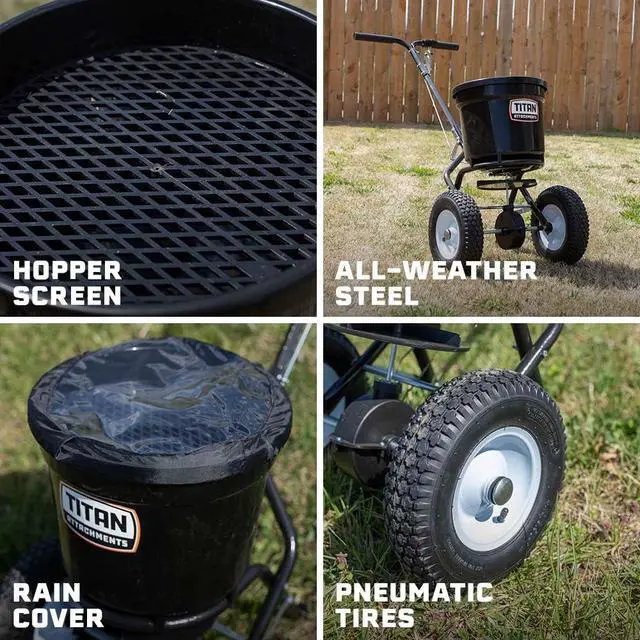 Alt view image 6 of 6 - 50 lb Professional Fertilizer Push Broadcast Spreader, Spreads 10 to 12 FT, Lawn Care and Ice Melter, Yard Tool