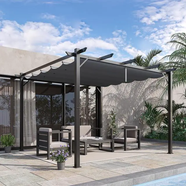 Alt view image 2 of 6 - 10' x 10' Aluminum Patio Pergola with Retractable Pergola Canopy, Backyard Shade Shelter for Porch, Outdoor Party, Garden, Grill Gazebo, Dark Gray