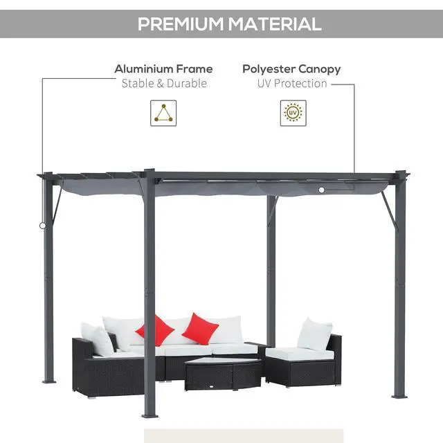 Alt view image 4 of 6 - 10' x 10' Aluminum Patio Pergola with Retractable Pergola Canopy, Backyard Shade Shelter for Porch, Outdoor Party, Garden, Grill Gazebo, Dark Gray