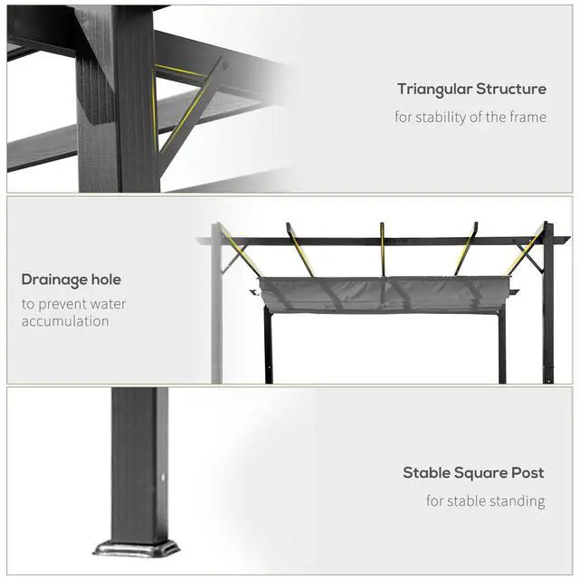 Alt view image 5 of 6 - 10' x 10' Aluminum Patio Pergola with Retractable Pergola Canopy, Backyard Shade Shelter for Porch, Outdoor Party, Garden, Grill Gazebo, Dark Gray