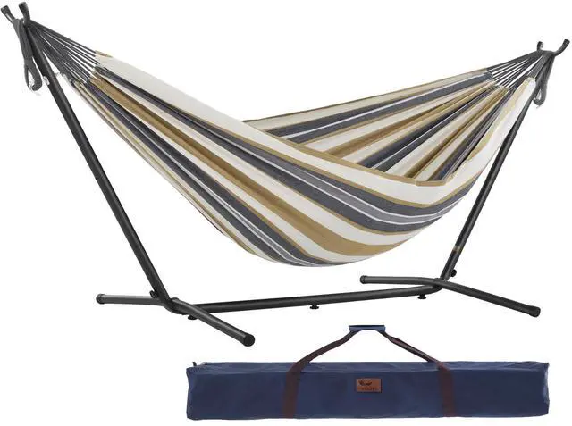 Main image of Double Cotton Hammock with Space Saving Steel Stand, Upgraded Polyester End Strings 450 lb Capacity - Premium Carry Bag Included (Desert Moon)