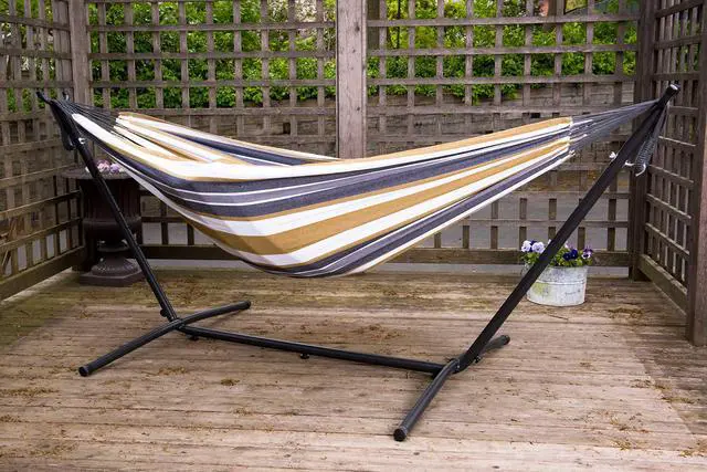 Alt view image 2 of 6 - Double Cotton Hammock with Space Saving Steel Stand, Upgraded Polyester End Strings 450 lb Capacity - Premium Carry Bag Included (Desert Moon)