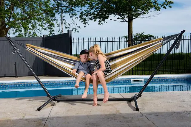 Alt view image 3 of 6 - Double Cotton Hammock with Space Saving Steel Stand, Upgraded Polyester End Strings 450 lb Capacity - Premium Carry Bag Included (Desert Moon)