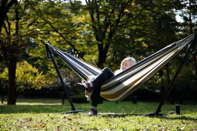 Alt view image 5 of 6 - Double Cotton Hammock with Space Saving Steel Stand, Upgraded Polyester End Strings 450 lb Capacity - Premium Carry Bag Included (Desert Moon)