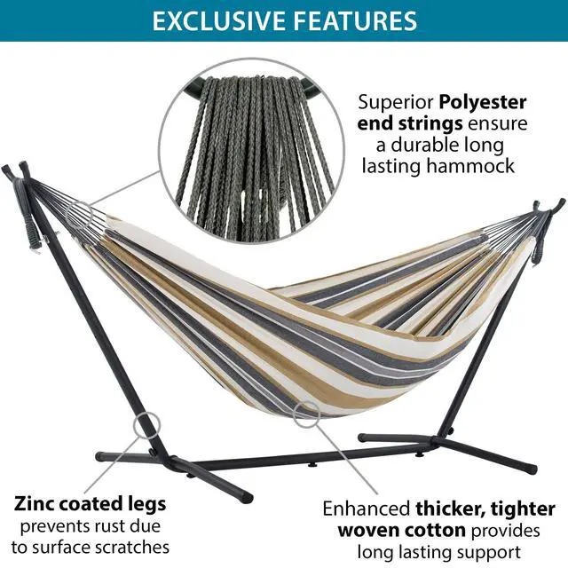 Alt view image 6 of 6 - Double Cotton Hammock with Space Saving Steel Stand, Upgraded Polyester End Strings 450 lb Capacity - Premium Carry Bag Included (Desert Moon)