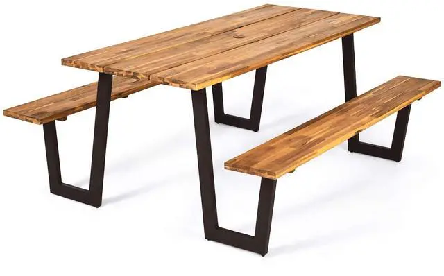 Main image of Picnic Table Bench Set with Umbrella Hole, Outdoor Dining Table Set, 70'' Acacia Wood Picnic Beer Table with Metal Frame Patented
