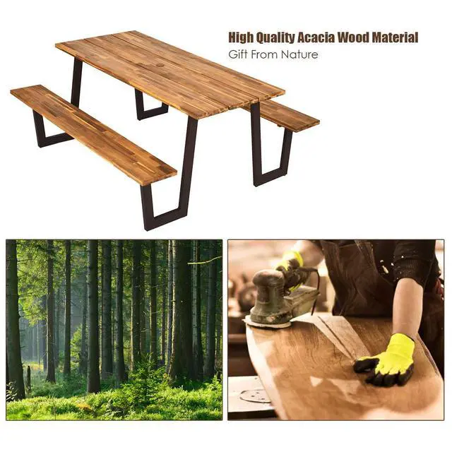 Alt view image 2 of 6 - Picnic Table Bench Set with Umbrella Hole, Outdoor Dining Table Set, 70'' Acacia Wood Picnic Beer Table with Metal Frame Patented