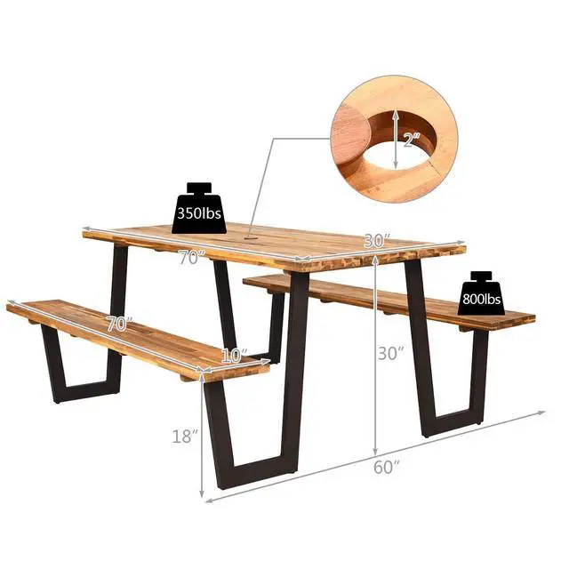Alt view image 3 of 6 - Picnic Table Bench Set with Umbrella Hole, Outdoor Dining Table Set, 70'' Acacia Wood Picnic Beer Table with Metal Frame Patented