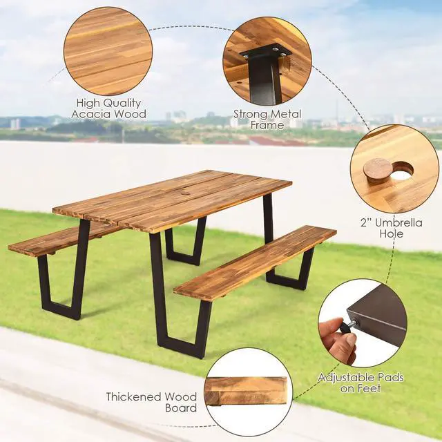 Alt view image 5 of 6 - Picnic Table Bench Set with Umbrella Hole, Outdoor Dining Table Set, 70'' Acacia Wood Picnic Beer Table with Metal Frame Patented