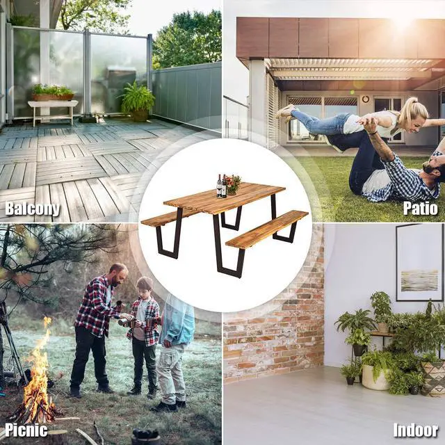 Alt view image 6 of 6 - Picnic Table Bench Set with Umbrella Hole, Outdoor Dining Table Set, 70'' Acacia Wood Picnic Beer Table with Metal Frame Patented