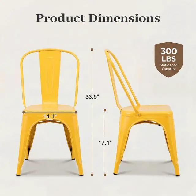 Alt view image 3 of 6 - Metal Dining Chair Stackable Indoor Outdoor Industrial Vintage Chairs Bistro Kitchen Cafe Side Chairs with Back Set of 4 (Yellow)