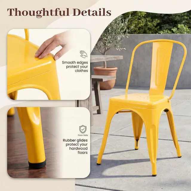 Alt view image 4 of 6 - Metal Dining Chair Stackable Indoor Outdoor Industrial Vintage Chairs Bistro Kitchen Cafe Side Chairs with Back Set of 4 (Yellow)