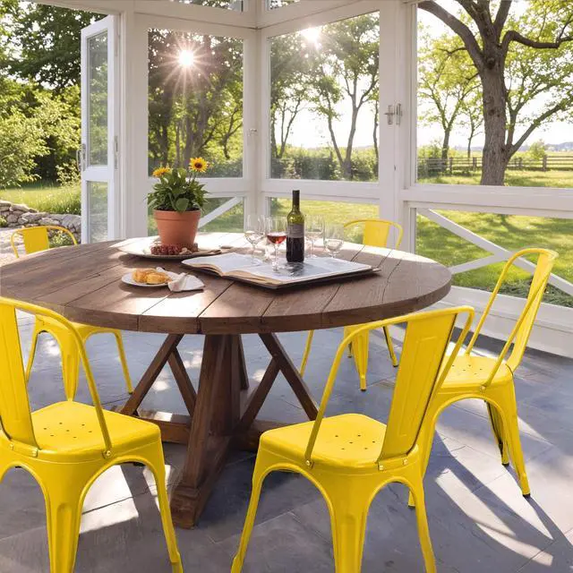 Alt view image 5 of 6 - Metal Dining Chair Stackable Indoor Outdoor Industrial Vintage Chairs Bistro Kitchen Cafe Side Chairs with Back Set of 4 (Yellow)