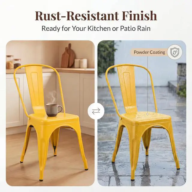 Alt view image 6 of 6 - Metal Dining Chair Stackable Indoor Outdoor Industrial Vintage Chairs Bistro Kitchen Cafe Side Chairs with Back Set of 4 (Yellow)